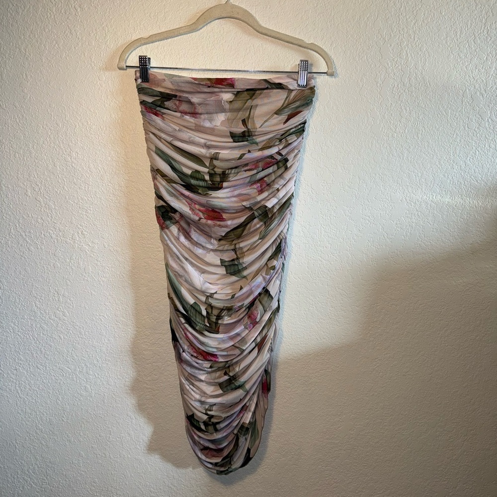 Express Ruched Lace Mesh Bold Floral Print Bodycon Midi Skirt Size M NEW